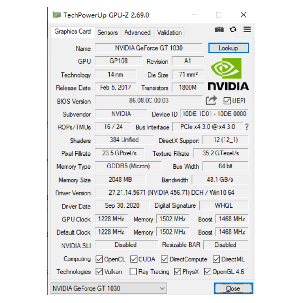 Carte graphique NVIDIA GeForce GT 1030 2 Go GDDR5 64 bits PCIe x4 3.0