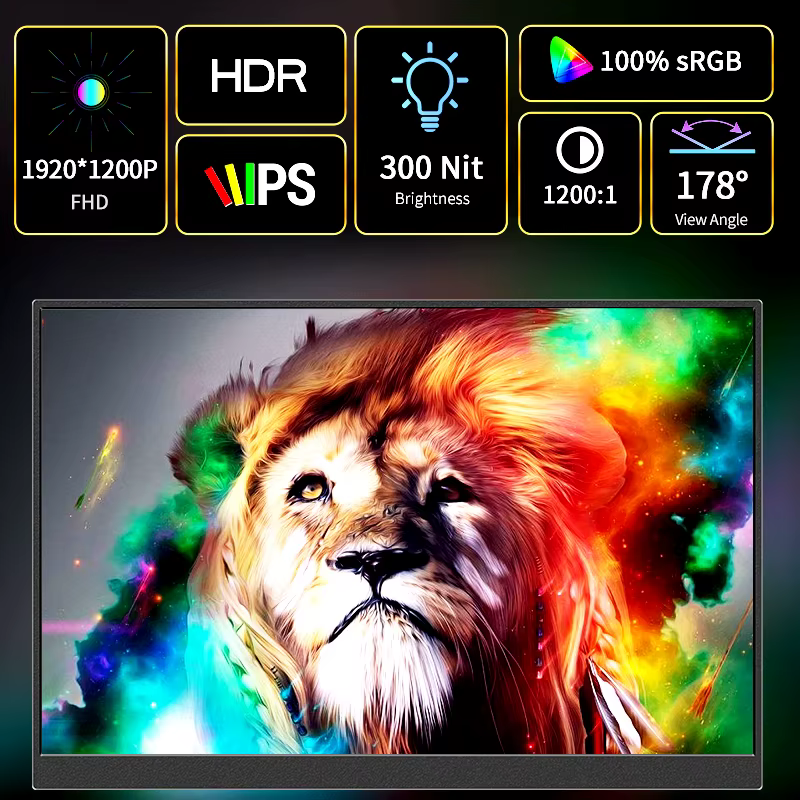 Moniteur portable 16 pouces 1200P IPS 100% sRGB 300 cd/m² avec double haut-parleur