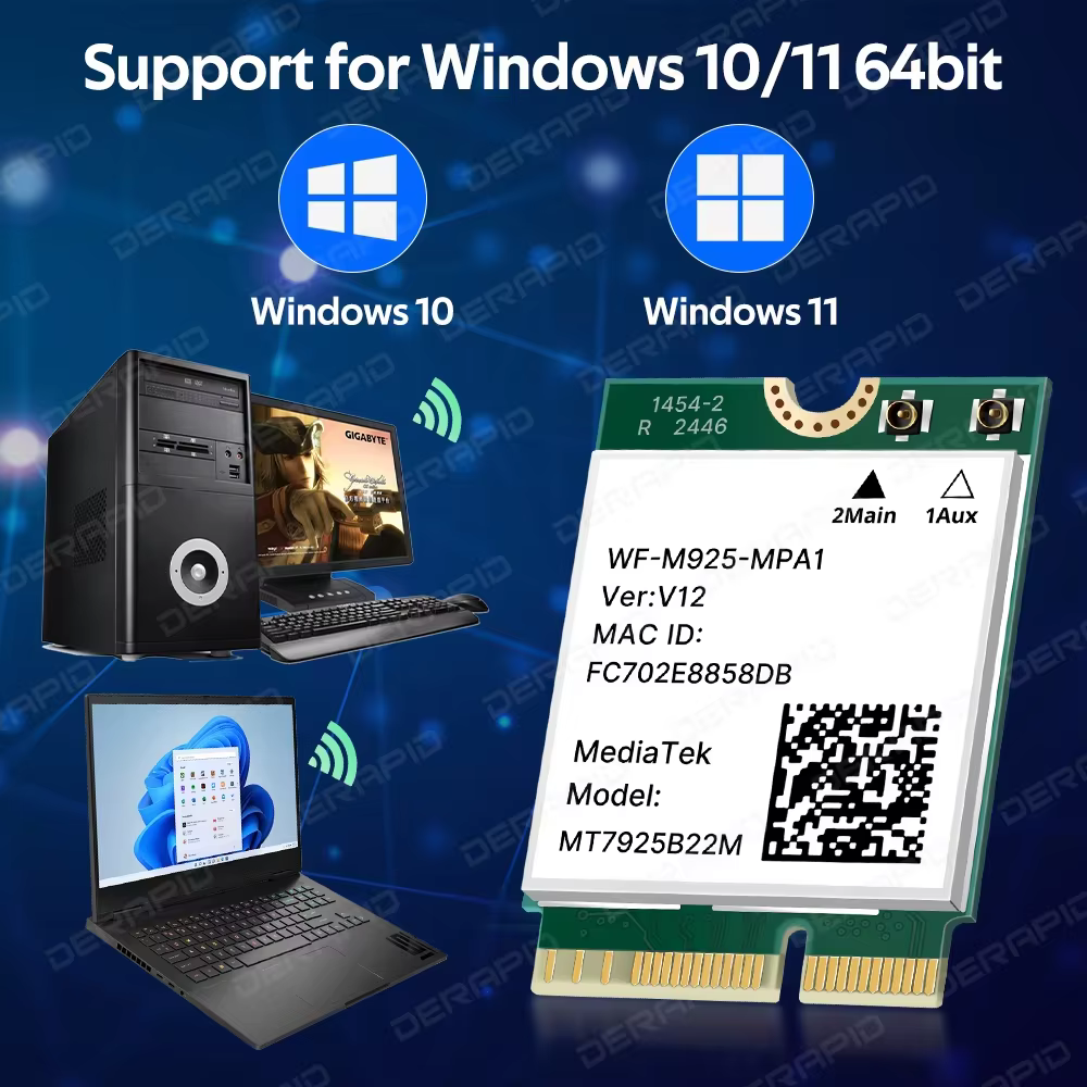 Carte LAN WiFi 7 M2 MT7925 Bluetooth 5.4 Tri-bande 2.4G 5G 6GHz 5400Mbps Adaptateur sans fil M.2 NGFF pour Win10/11