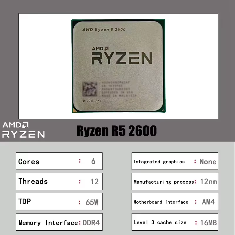 Processeur AMD R5 2600 Original AM4 CPU 6C/12T 3.4 GHz de base 3.9 GHz Boost pour ordinateur de bureau