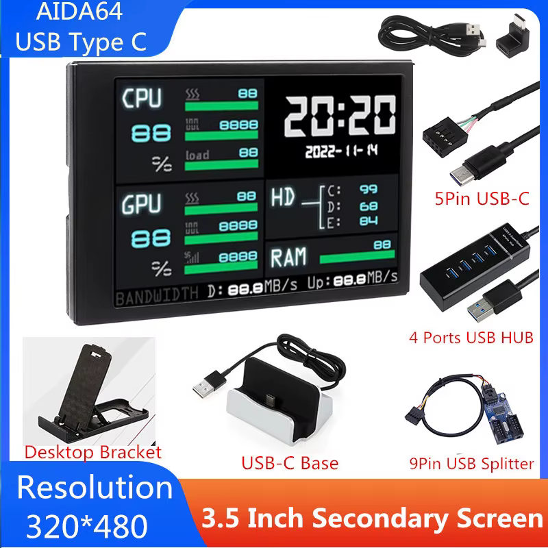3.5 pouces USB type-c IPS écran secondaire AIDA64 LCD CPU GPU RAM