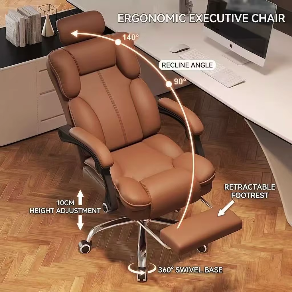 Chaise de bureau ergonomique de luxe à dossier haut en cuir PU avec appui-tête