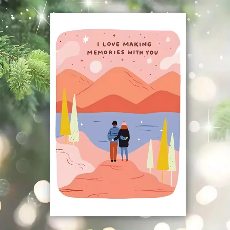 Carte romantique pour couple, citation « J'aime créer des souvenirs avec toi », art de paysage montagneux et lacustre, enveloppe rouge incluse