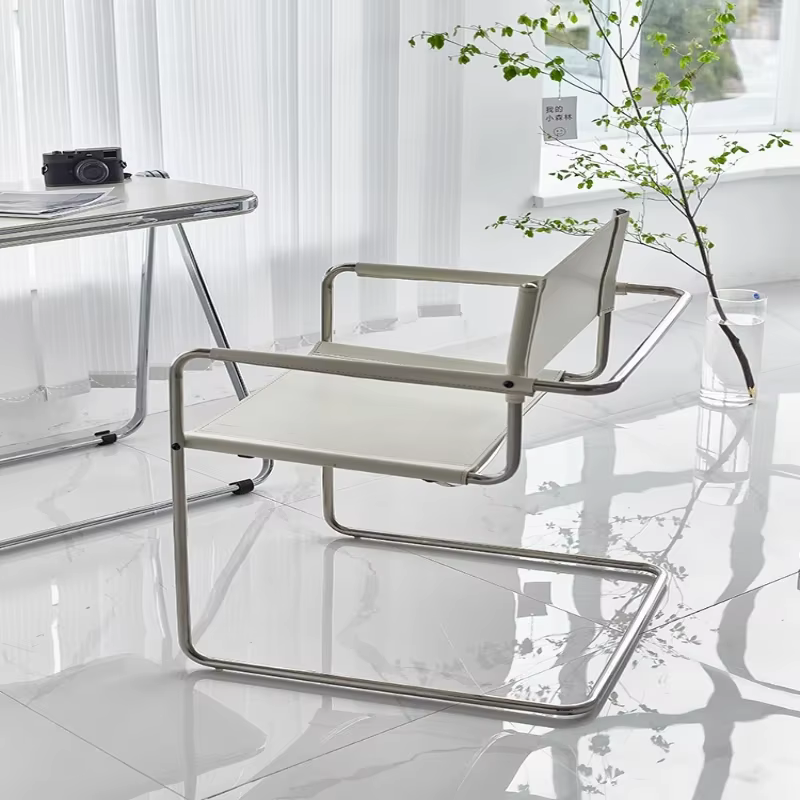 Bauhaus – chaise à dossier avec accoudoirs de bureau, selle en acier inoxydable, chaise de salle à manger en cuir, chaises de loisirs confortables, meubles pour accessoires Photo