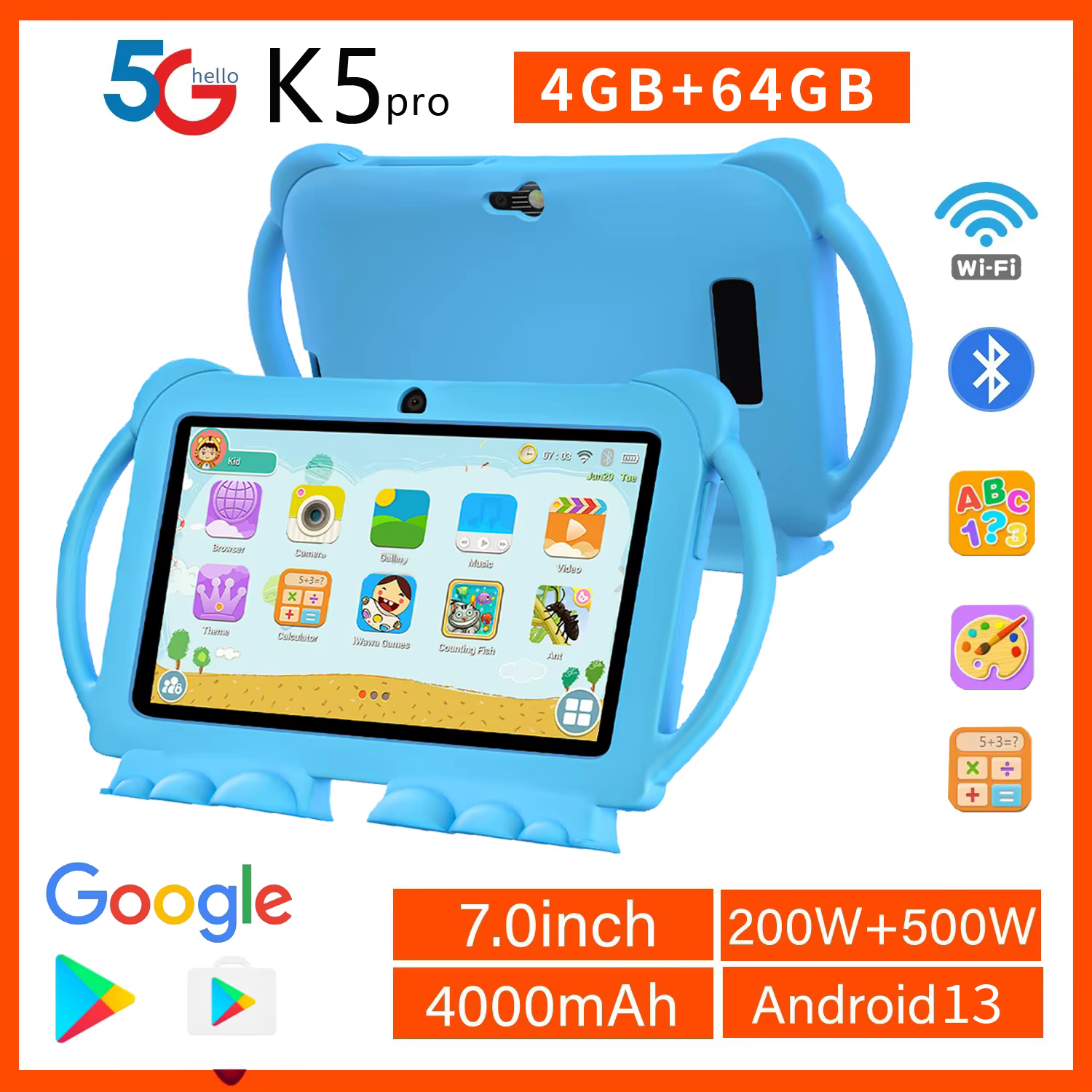 2025 nouveau 7 pouces enfants tablette avec étui de bande dessinée 5G WiFi Google apprentissage éducation tablette PC 4GB RAM 64GB ROM 4000mAh