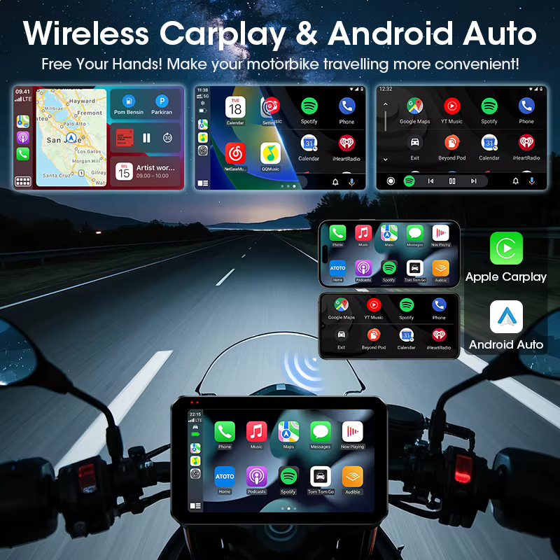 GPS de navigation portable pour moto 5 pouces, sans fil, CarPlay, Android Auto, Bluetooth, étanche IPX7, écran de surveillance moto, compatible TPMS