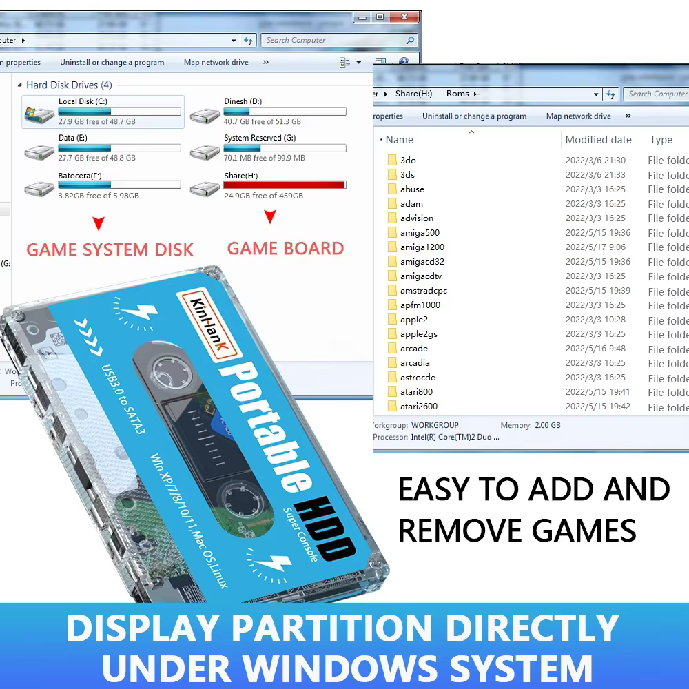 KINHANK 500G Gaming HDD Super Console 100000 jeux vidéo 70 émulateurs pour DC/MAME/SS/NAOMI/PS2/PS1 Plug and Play Batocera OS
