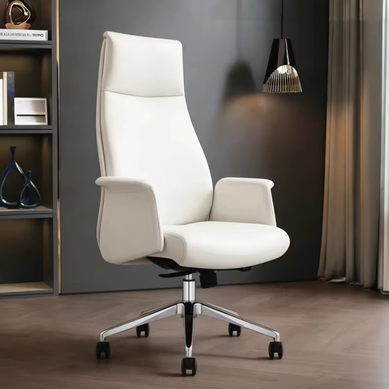 Chaise de bureau ergonomique blanche avec roulettes et support lombaire