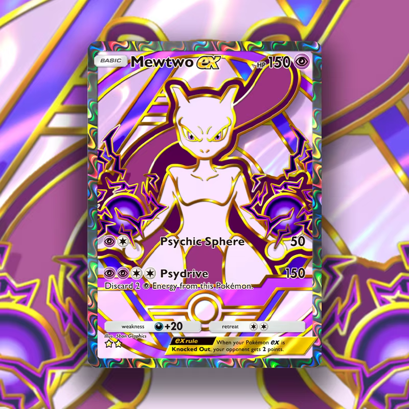 Cartes de jeu de collection anime holographiques de qualité supérieure, série PKM Mew/Mewtwo, avec texture métallisée.