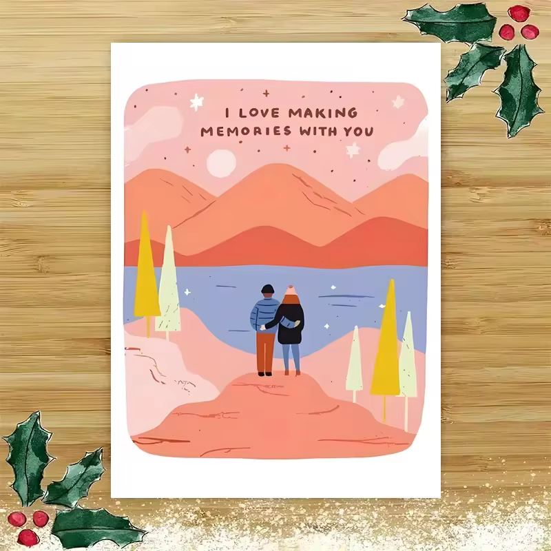 Carte romantique pour couple, citation « J'aime créer des souvenirs avec toi », art de paysage montagneux et lacustre, enveloppe rouge incluse