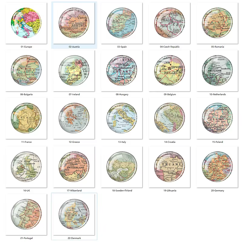 Porte-clés vintage avec carte des pays européens, France, Espagne, Pologne, Allemagne, Pologne, Italie, boule de verre, cadeau de voyage