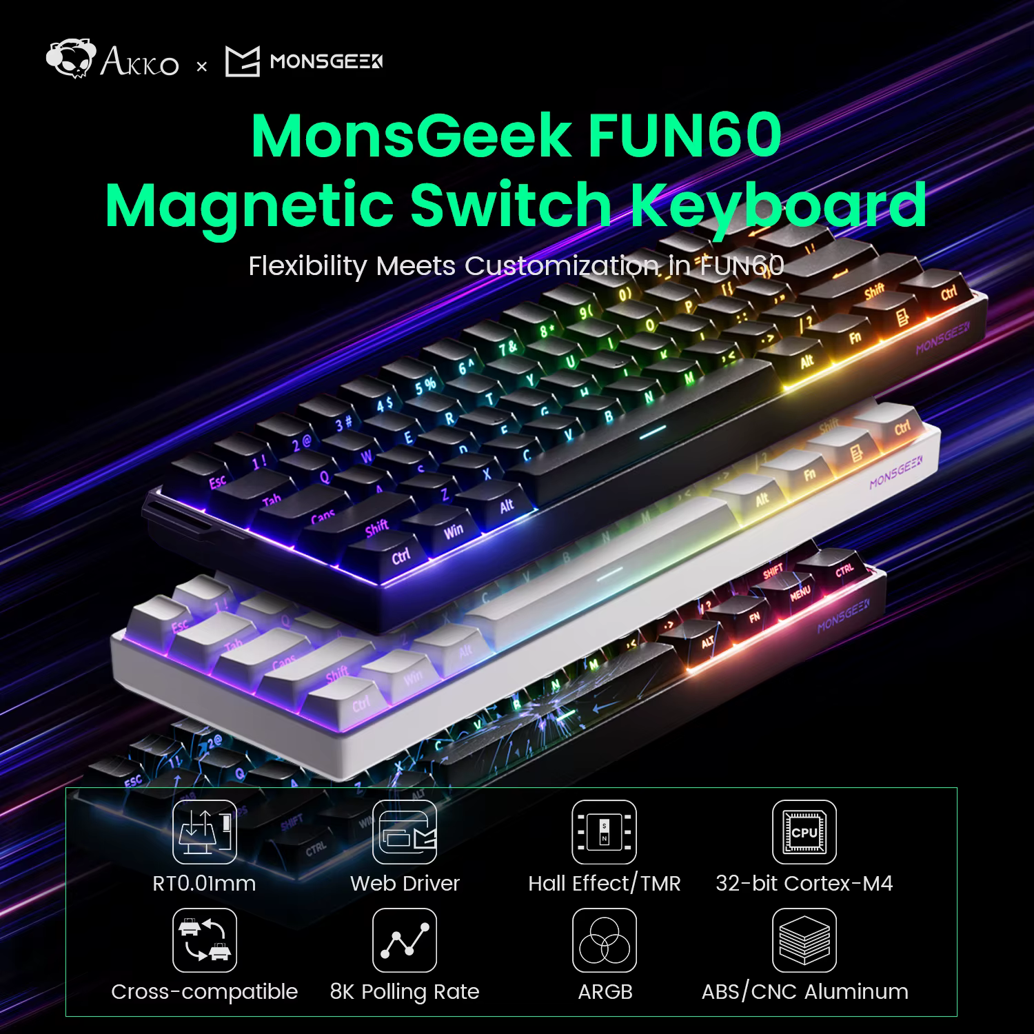 Akko MonsGeek FUN60 clavier mécanique interrupteur magnétique 60% claviers de jeu déclencheur rapide 0.01mm 8K ARGB