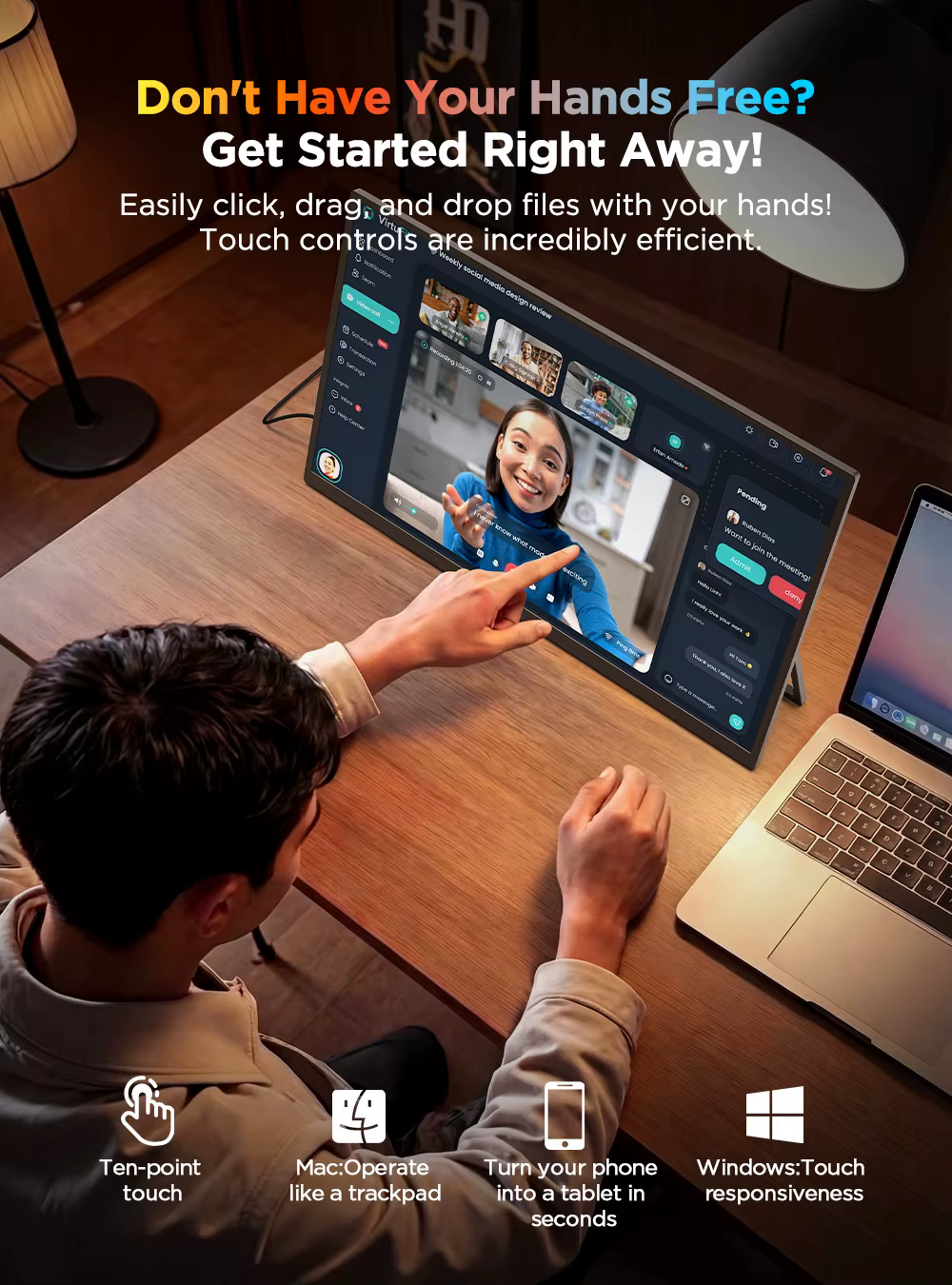 Moniteur tactile portable 4K UPERFECT 15,7 pouces (3840 x 2160 UHD) avec USB-C, HDMI, écran pour ordinateur portable, contraste 1200:1, couverture RGB 100 %, dalle IPS, tactile 10 points, double haut-
