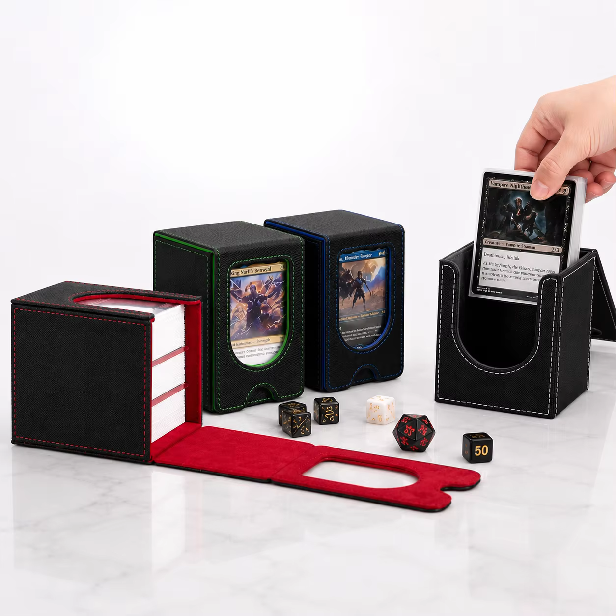 Boîte de rangement pour deck MTG Commander, boîte de rangement magnétique en cuir PU pouvant contenir plus de 100 cartes à double pochette ; adaptée aux cartes TCG, PTCG, CCG