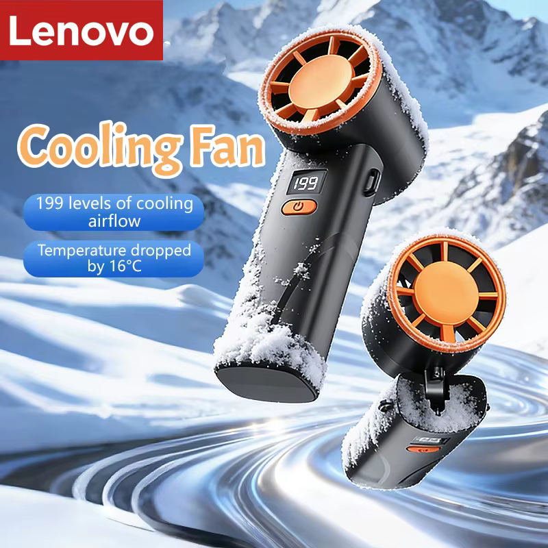 Ventilateur portable pour le cou Lenovo rechargeable par USB, ventilateur à main avec affichage numérique, vent puissant, longue durée de vie de la batterie, ventilateur de refroidissement pliable