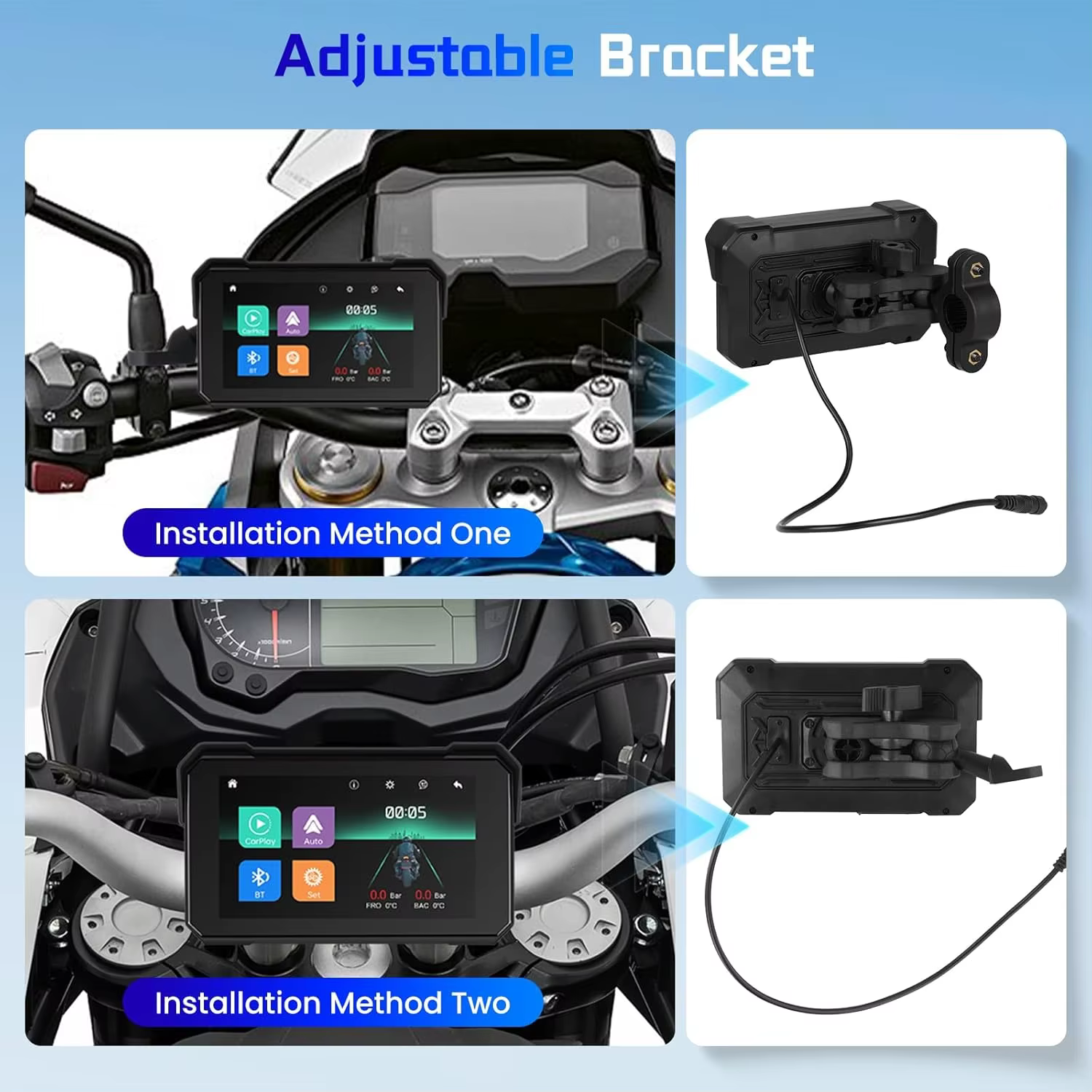 Navigation GPS portable pour moto de 5 pouces, écran étanche IPX7, Bluetooth sans fil, Carplay, Android Auto, moniteur de tableau de bord pour moto