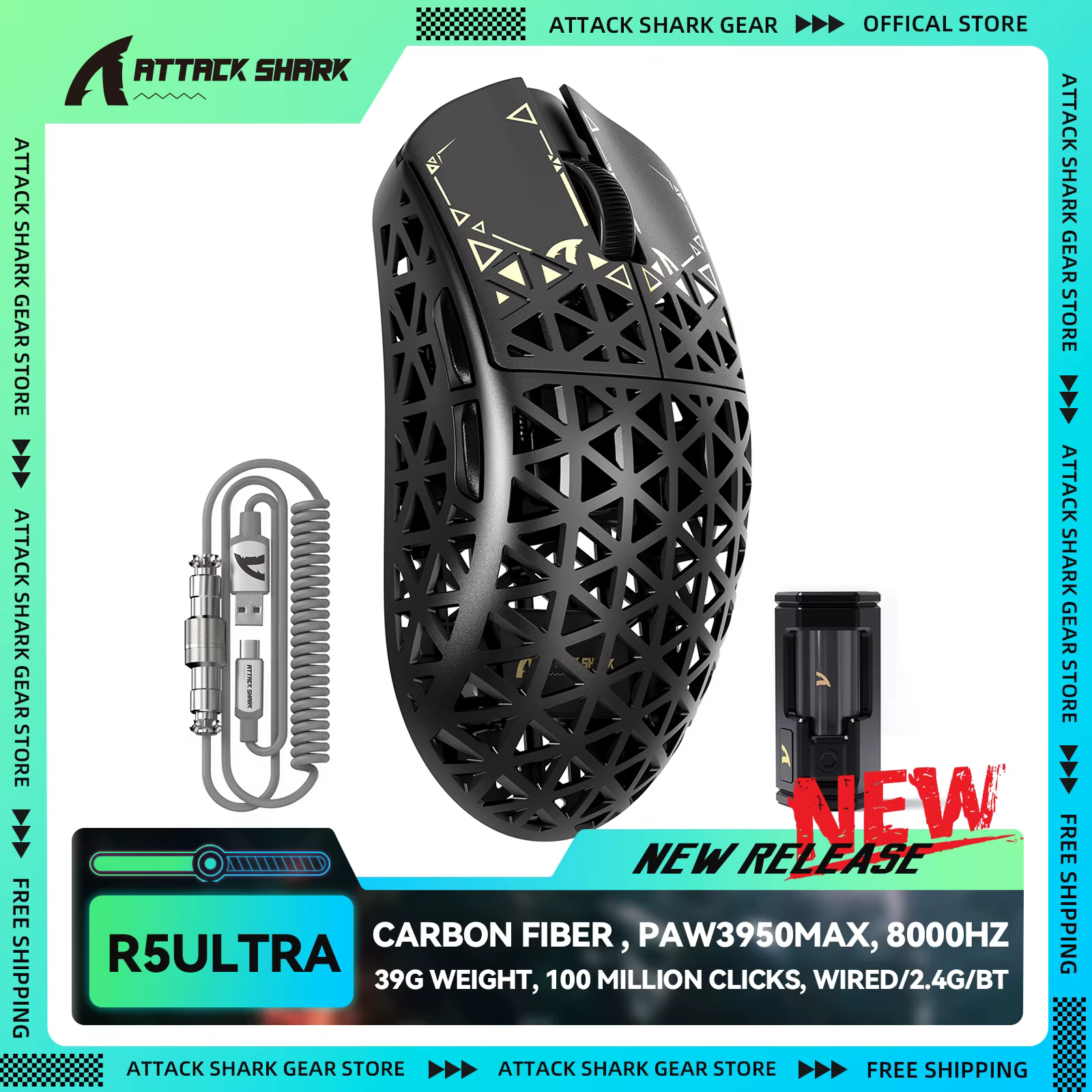 ATTACK SHARK R5Ultra Souris Gamer Sans Fil en Fibre de Carbone