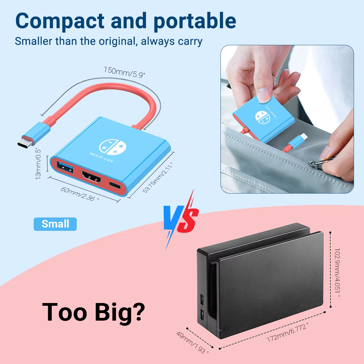 Station d'accueil pour jeux portable Hub TYPE-C avec HDMI et USB 3.0