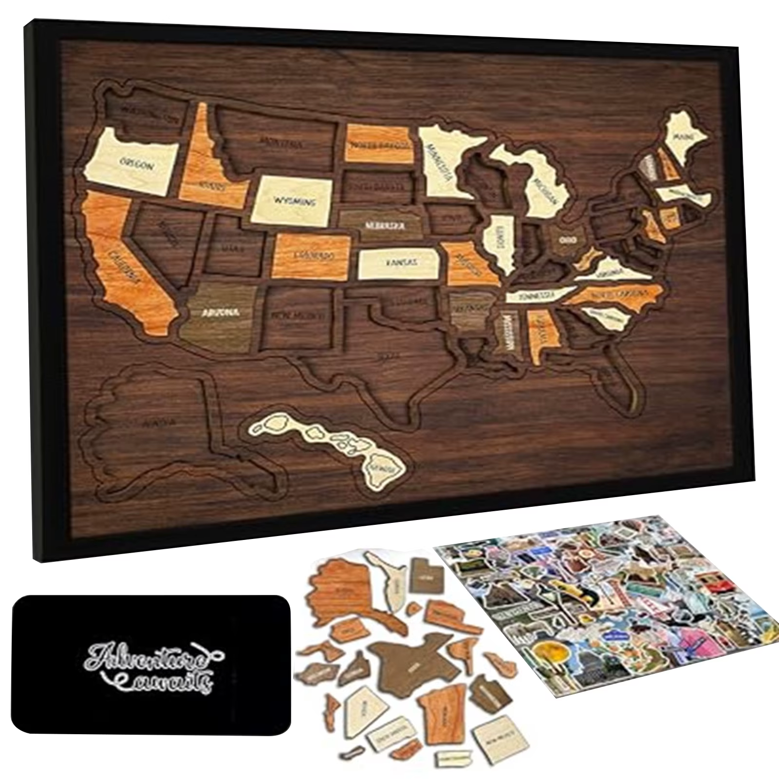 Puzzle de voyage en bois des États-Unis 12 x 10 pouces avec autocollants et épingles, cartes de suivi des voyages des États-Unis, léger et détachable