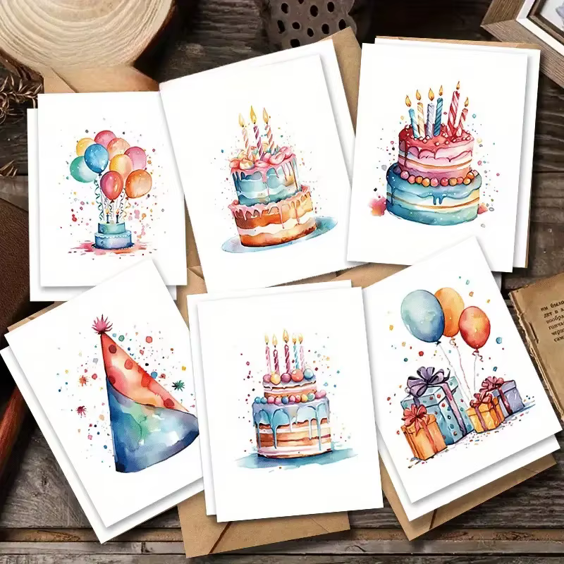 Carte de vœux d'anniversaire à l'aquarelle avec gâteau, écriture manuscrite, vœux d'anniversaire, cartes vierges, cartes de remerciement, lettres d'invitation, cadeaux de fêtes