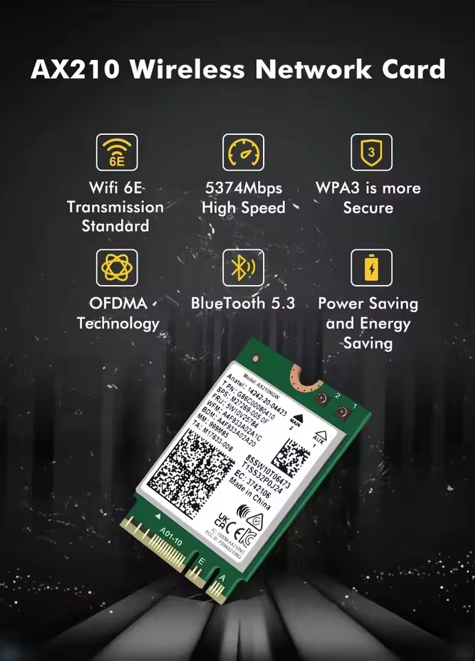 Carte sans fil WiFi 6E AX210 5374Mbps BT5.3 Tri-bande 2.4GHz/5GHz/6GHz 802.11ax
