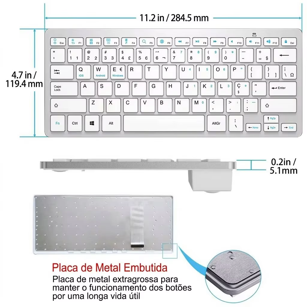 Clavier Bluetooth portugais (Brésil) sans fil, portable, ultra fin, silencieux, pour Mac, iPad, iPhone, iOS, Android, Windows, Smart