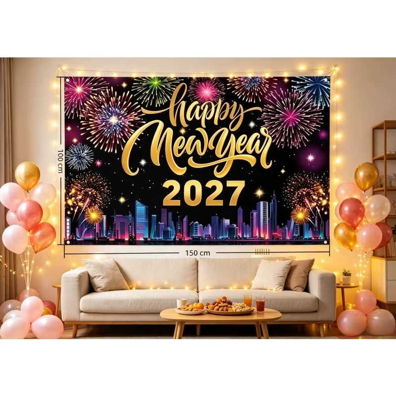 Décor de fête Joyeux Nouvel An 2027, toile de fond, champagne, horloge, bannière de Noël, fournitures de fête DIY, fond photo