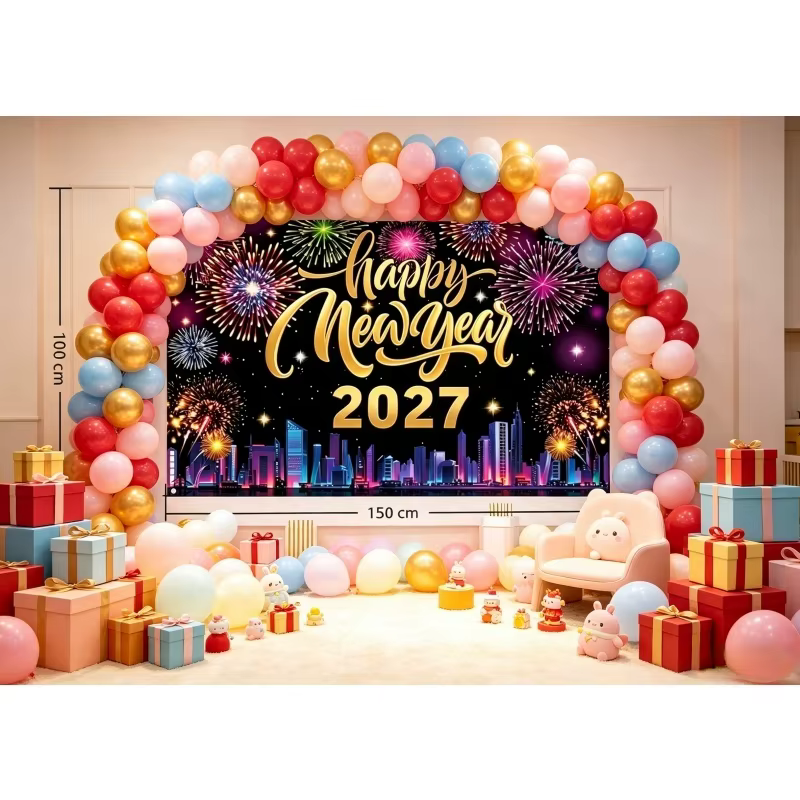 Décor de fête Joyeux Nouvel An 2027, toile de fond, champagne, horloge, bannière de Noël, fournitures de fête DIY, fond photo