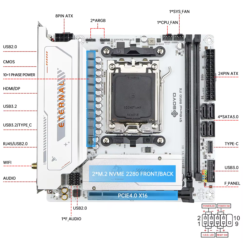 SOYO B850M ARGB carte mère WIFI6 MINI-ITX double canal DDR5 M.2 PCIE5.0 TYPE-C AM5 Socket AMD B850ITX Support (900X 7800X3D)
