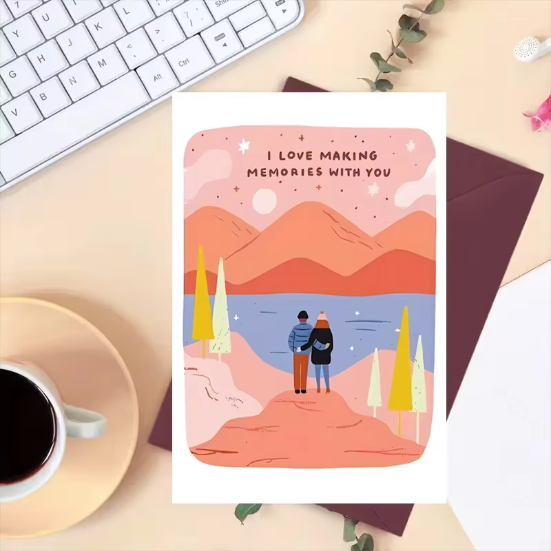 Carte romantique pour couple, citation « J'aime créer des souvenirs avec toi », art de paysage montagneux et lacustre, enveloppe rouge incluse
