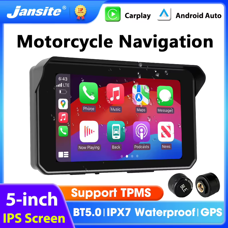 Navigation GPS portable pour moto de 5 pouces, écran étanche IPX7, Bluetooth sans fil, Carplay, Android Auto, moniteur de tableau de bord pour moto