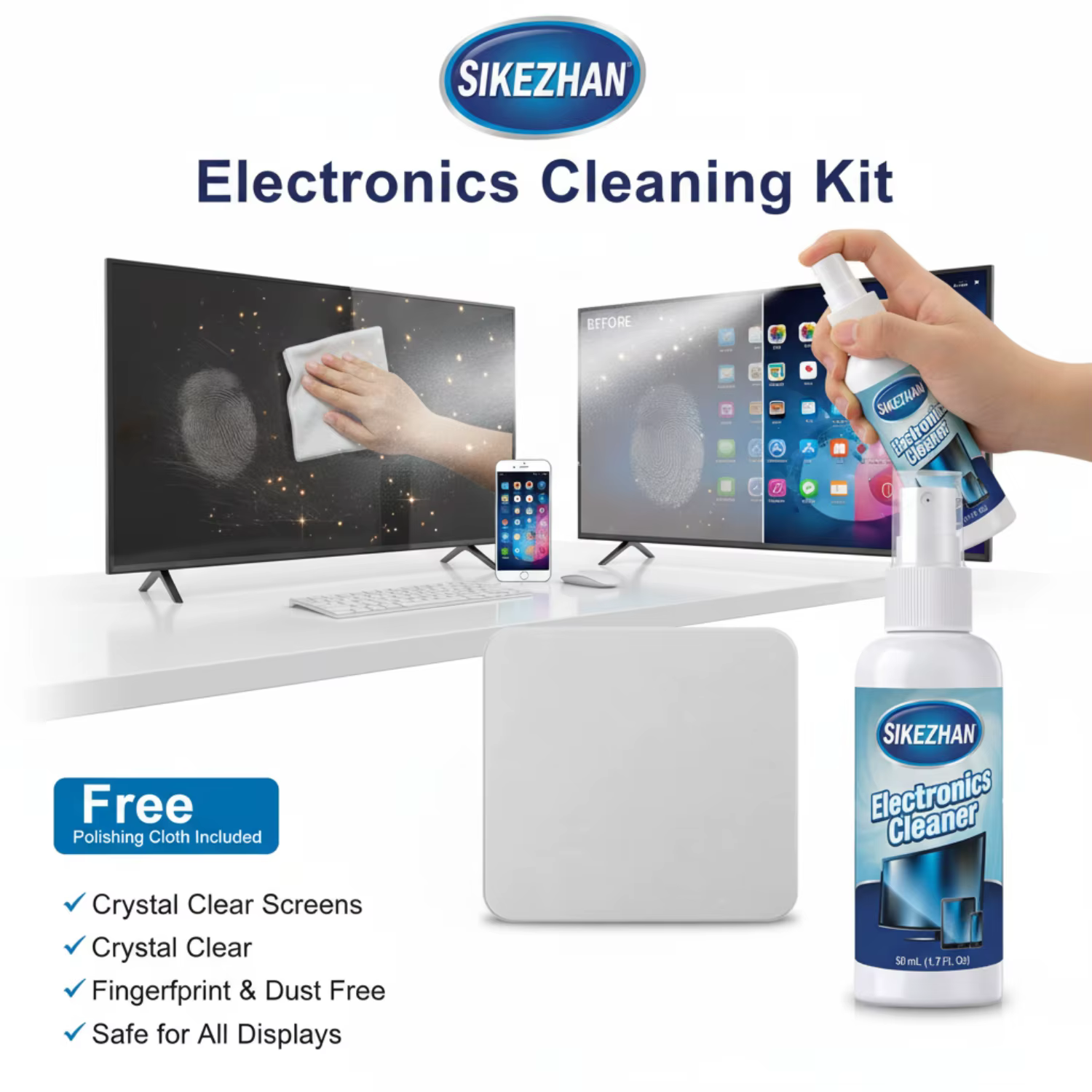 Kit de pulvérisation et de chiffon pour nettoyeur d'écran – Sûr pour téléviseurs LED