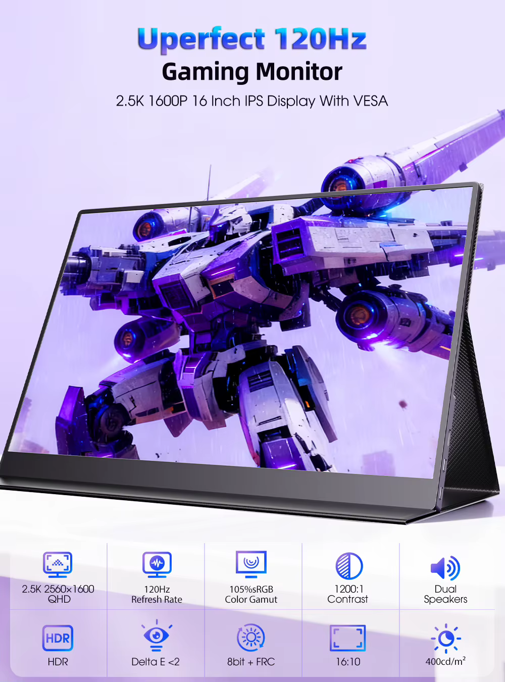 UPERFECT 2K 16" 120 Hz Écran de jeu portable avec haut-parleurs IPS 2560 x 1600 HDMI Type C pour ordinateur