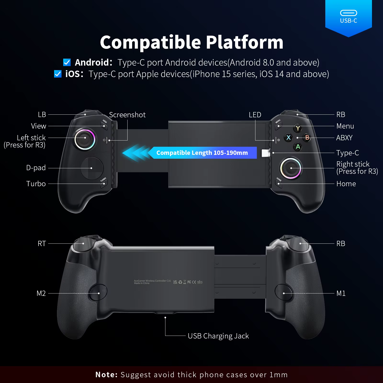 Contrôleur de jeu mobile AceGamer type-c pour iPhone série 15/Android