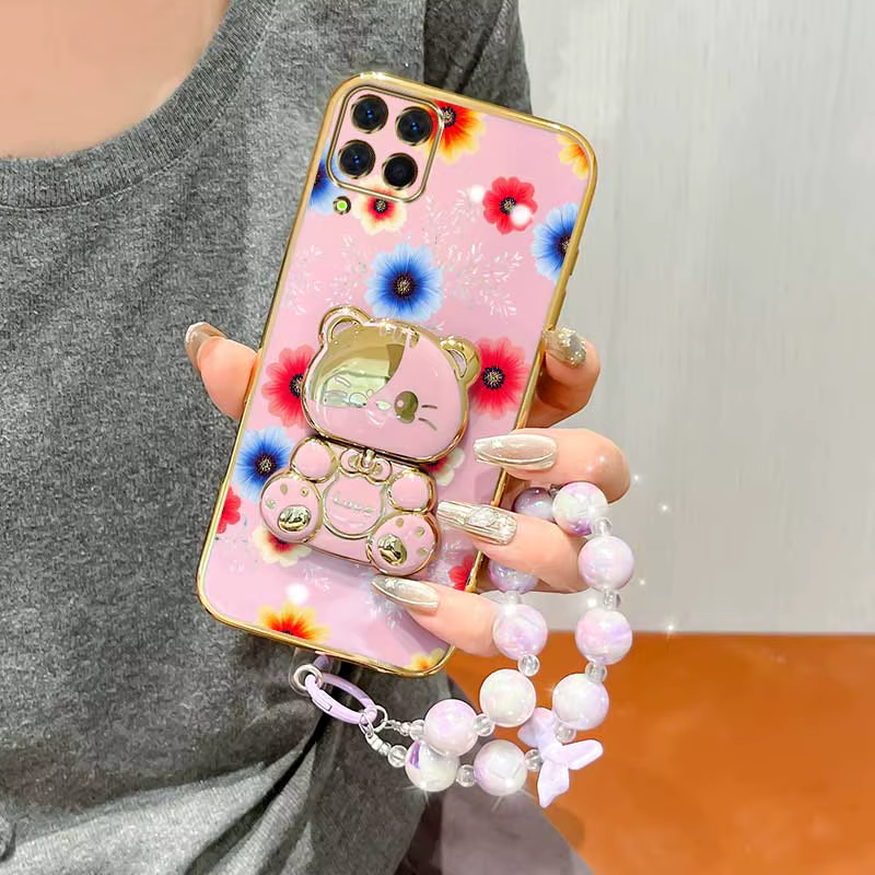 3 pièces (coque de téléphone à fleurs colorées + cordon + support lapin) pour Galaxy A22 4G/A24 4G/A21s/A25 5G/A35 5G/A26 5G