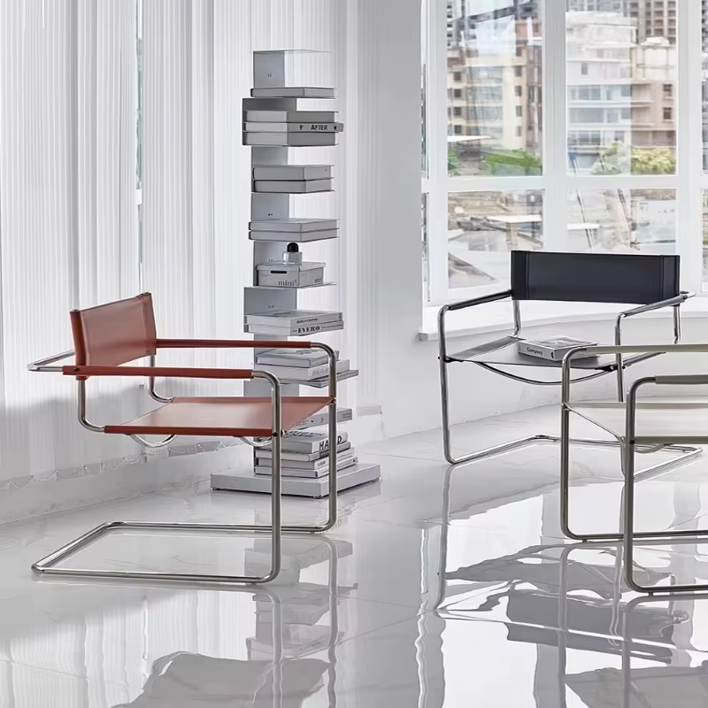 Bauhaus – chaise à dossier avec accoudoirs de bureau, selle en acier inoxydable, chaise de salle à manger en cuir, chaises de loisirs confortables, meubles pour accessoires Photo