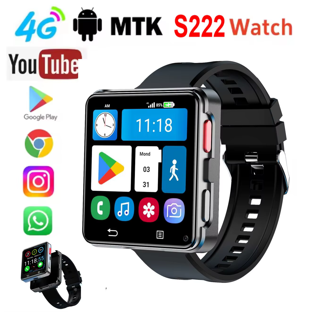 S222 montre intelligente 4G carte SIM 4GB RAM 64GB ROM MTK6761 Android 11.0 avec 800W double caméra WIFI GPS 2.64 "grand écran Smartwach