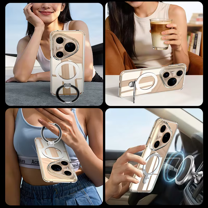 Coque transparente pour Magsafe pour Huawei Pura 80 70 Pro Pro+ Ultra avec anneau magnétique et support, compatible avec la charge sans fil