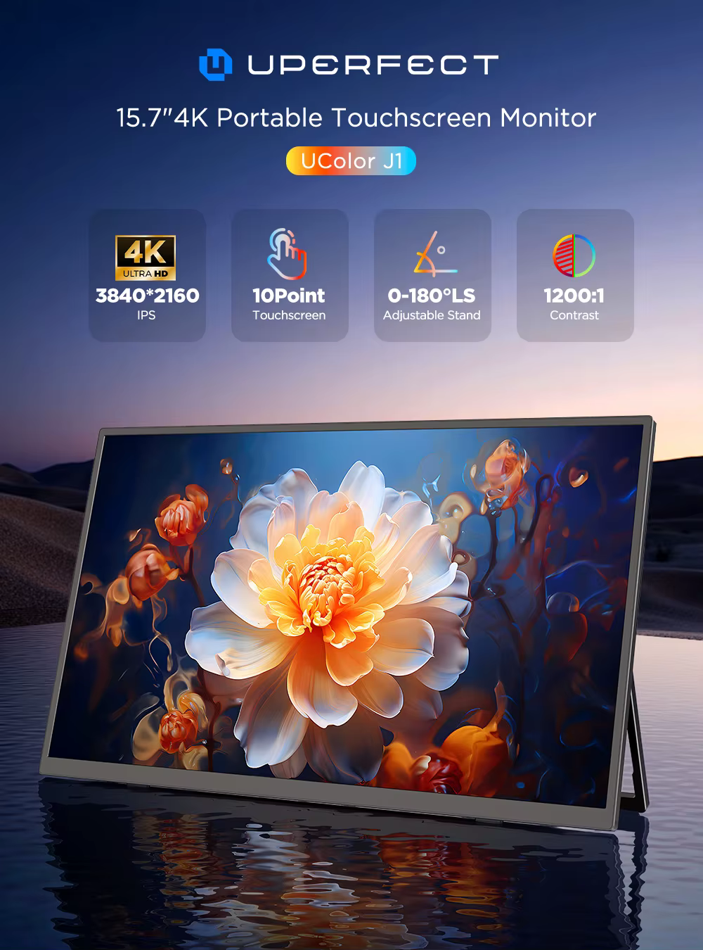 Moniteur tactile portable 4K UPERFECT 15,7 pouces (3840 x 2160 UHD) avec USB-C, HDMI, écran pour ordinateur portable, contraste 1200:1, couverture RGB 100 %, dalle IPS, tactile 10 points, double haut-