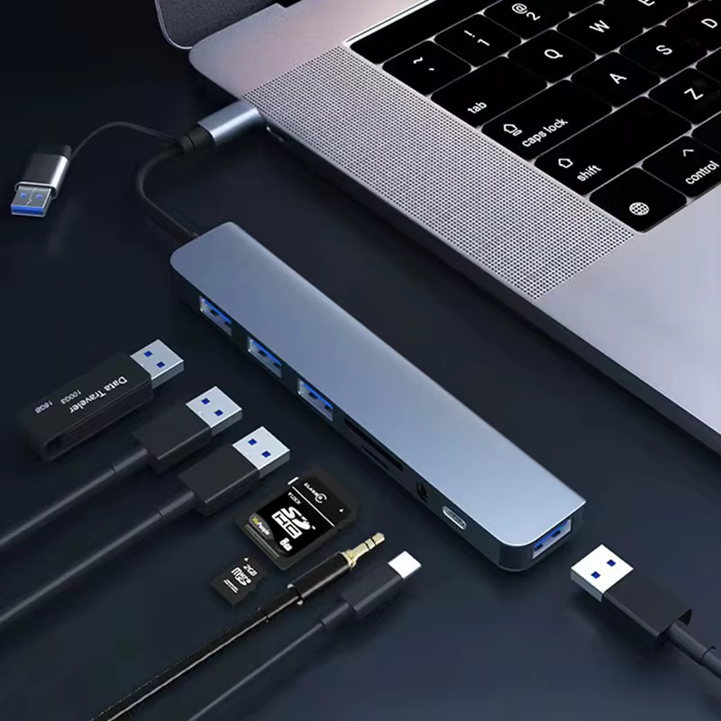 Station d'accueil HUB USB + Type C 8 en 2 avec adaptateur jack audio 3