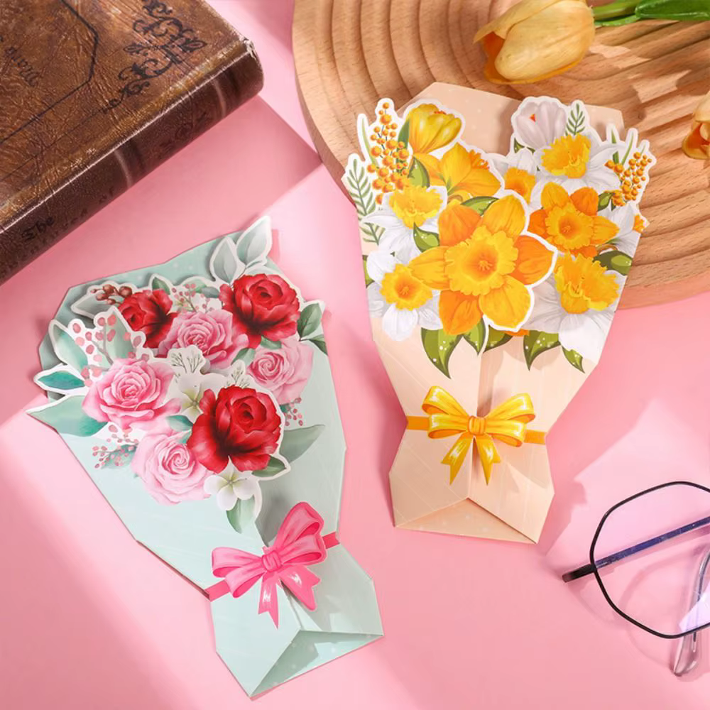 Carte de vœux 3D Fleurs en papier Tournesol/Rose/Œillet, Bouquet de fleurs artisanales, Carte de vœux DIY exquise pour Mariage