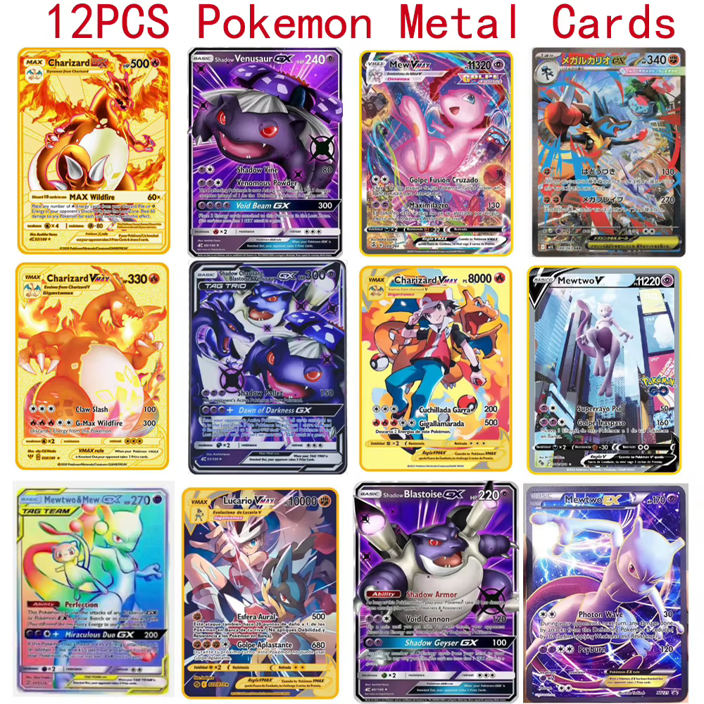Cartes Pokémon Vmax Pokemon GX EV en anglais, carte métallique, anime Charizard Mewtwo Blastoise, lettres brillantes, collection de cartes de jeu, jouet pour enfant