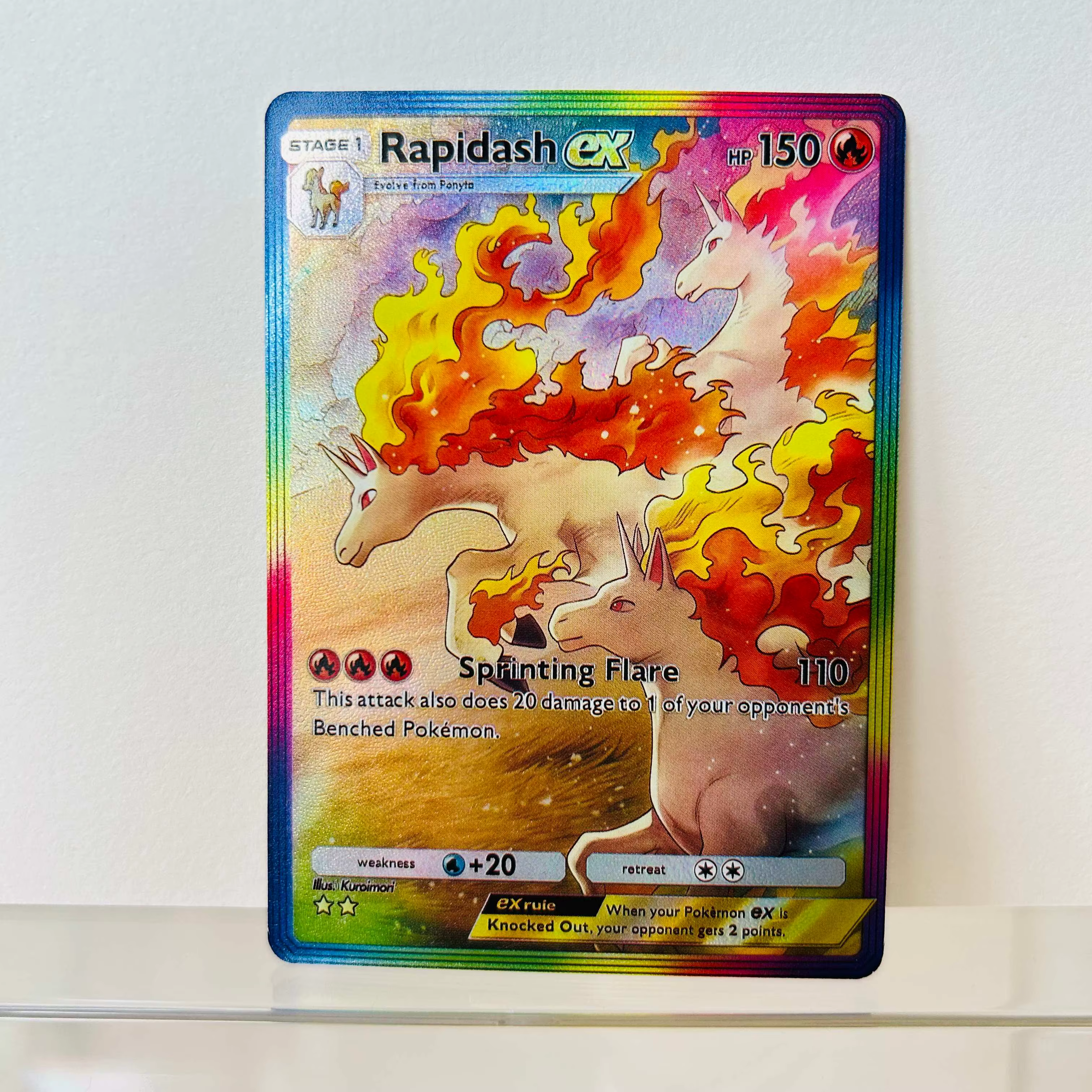 Carte Pokémon Rapidash ex anglaise, texture holographique arc-en-ciel, carte de collection anime premium DIY