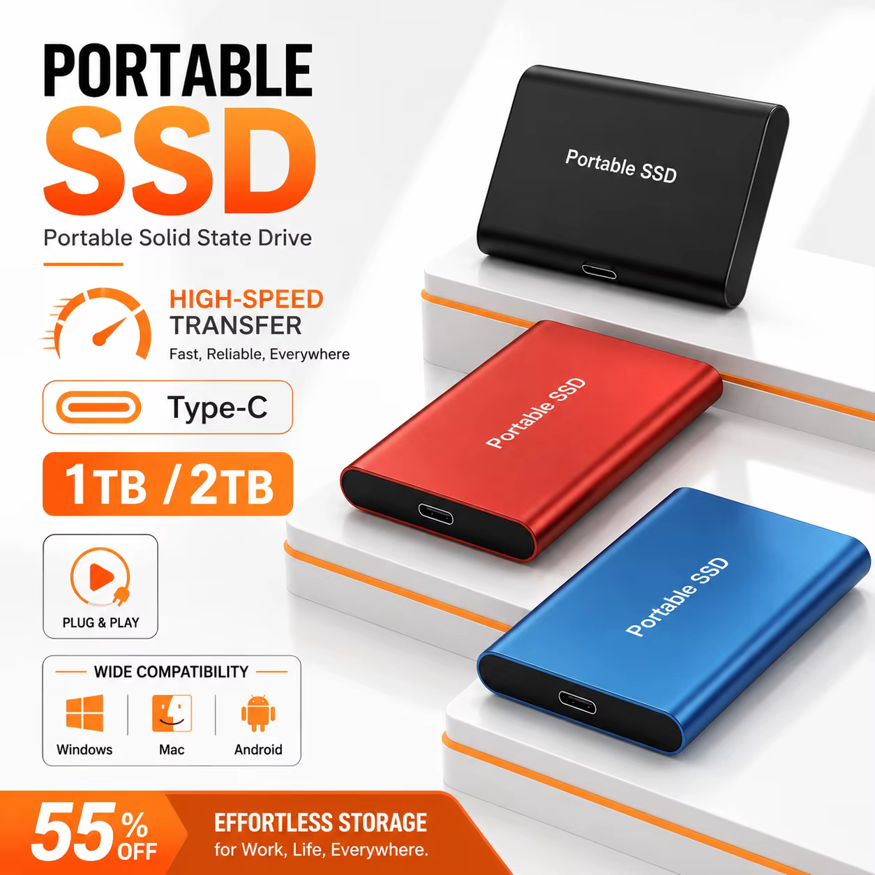Disque dur externe portable SSD 2 To USB 3.1 Type-C 1 To pour ordinateurs portables/ordinateurs de bureau/téléphones