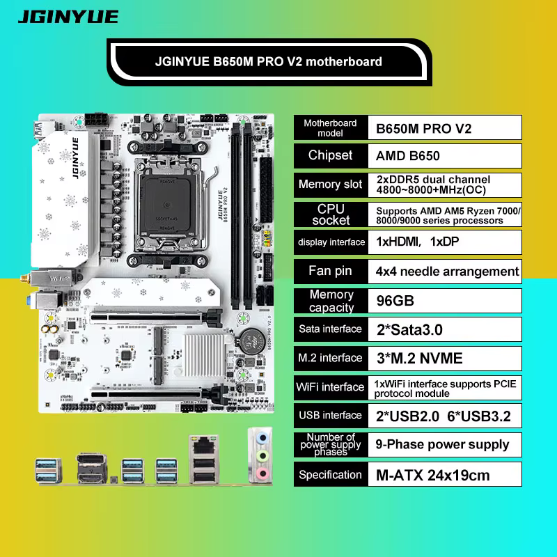 JGINYUE B650M PRO V2 carte mère prend en charge les processeurs AMD AM5 Ryzen série 7000/8000/9000