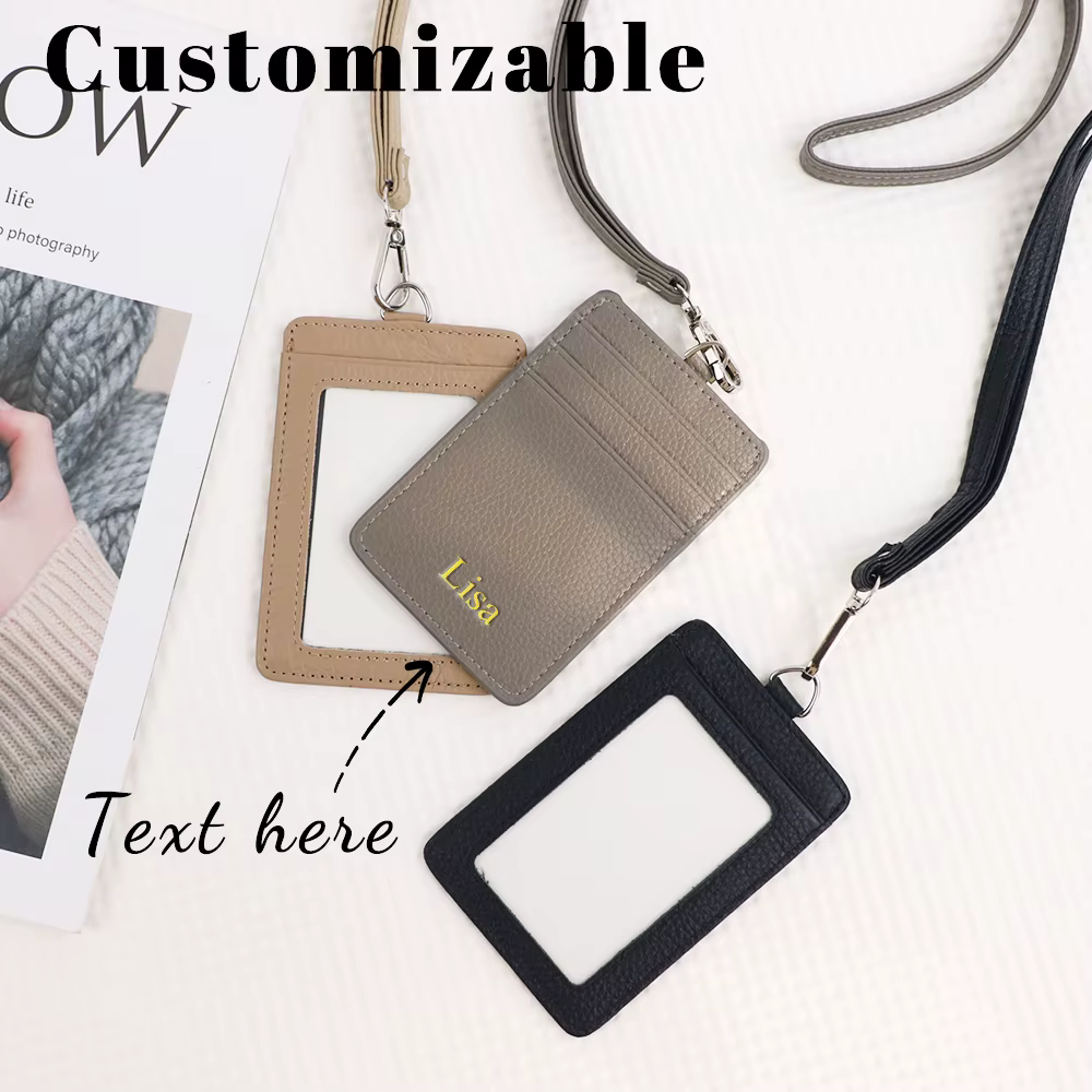 Porte-cartes de travail multifonctionnel en cuir personnalisé avec cordon, pour hommes et femmes, pour cartes de crédit, cartes d'identité, porte-monnaie