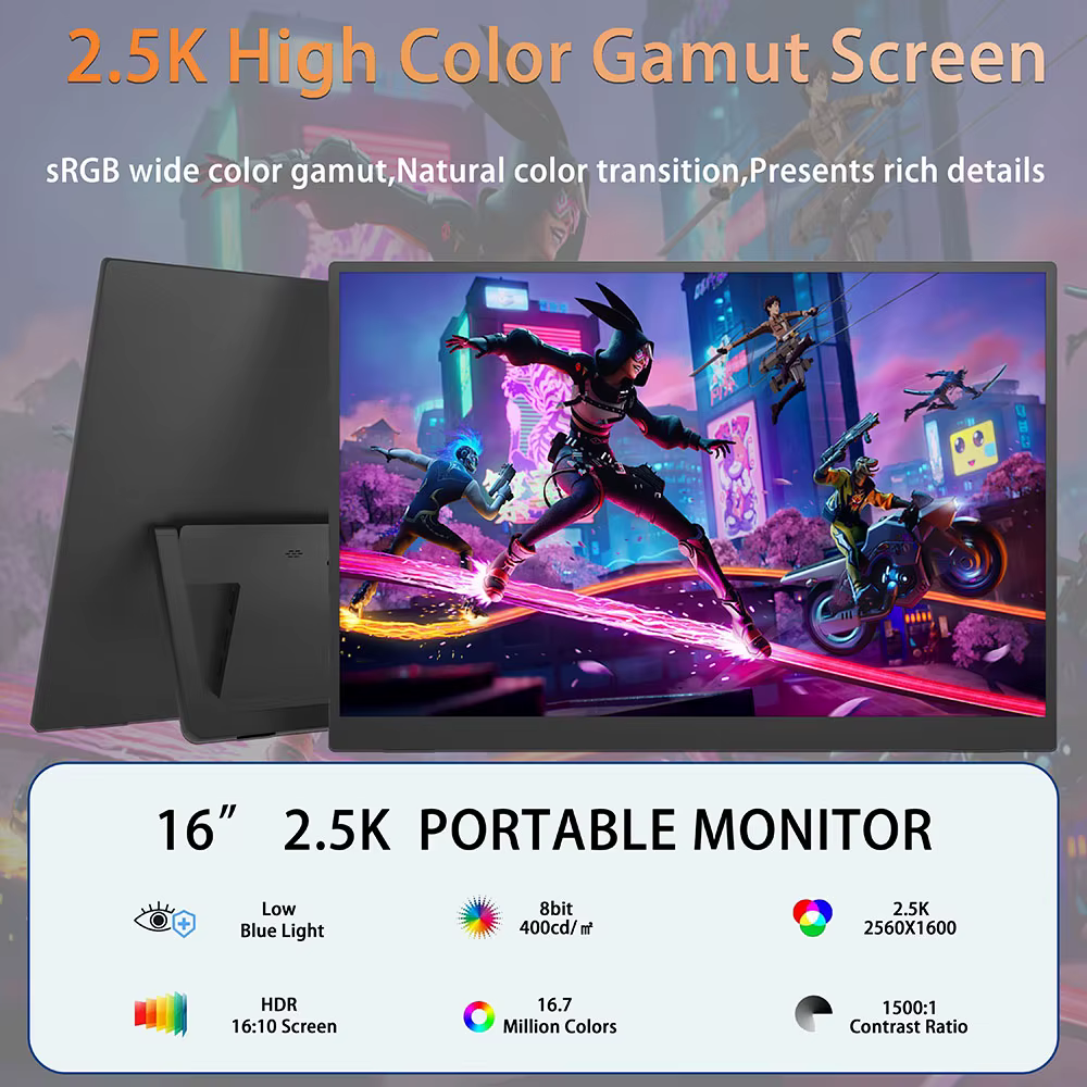 Moniteur de jeu portable 16 pouces 144 Hz 2,5K QHD, deuxième écran pour ordinateur portable Mac, Switch, PS5/4, écran IPS mat 500 nits, USB-C HDMI