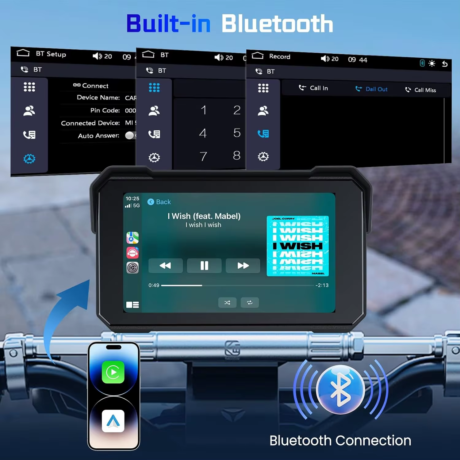 Navigation GPS portable pour moto de 5 pouces, écran étanche IPX7, Bluetooth sans fil, Carplay, Android Auto, moniteur de tableau de bord pour moto
