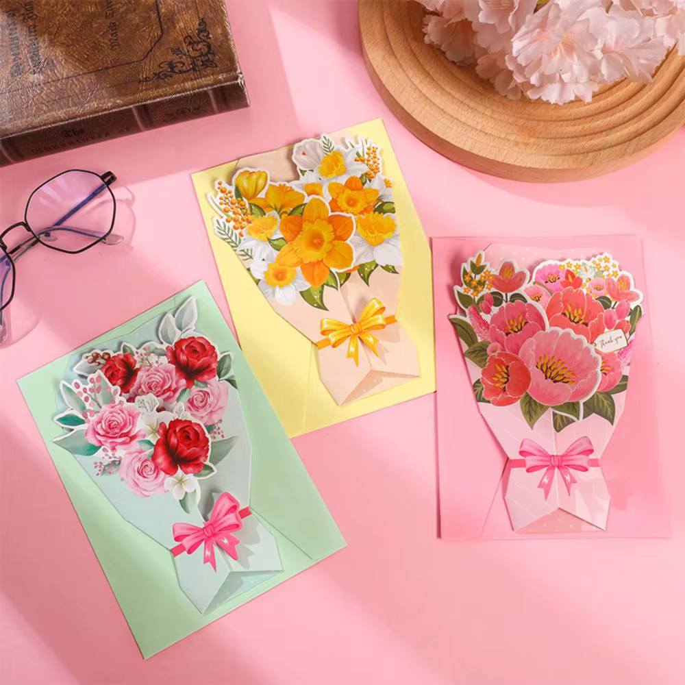 Carte postale 3D Fleurs de remerciement Tournesol/Rose/Œillet Bouquet de fleurs DIY Carte de vœux Artisanat papier exquis Carte de vœux