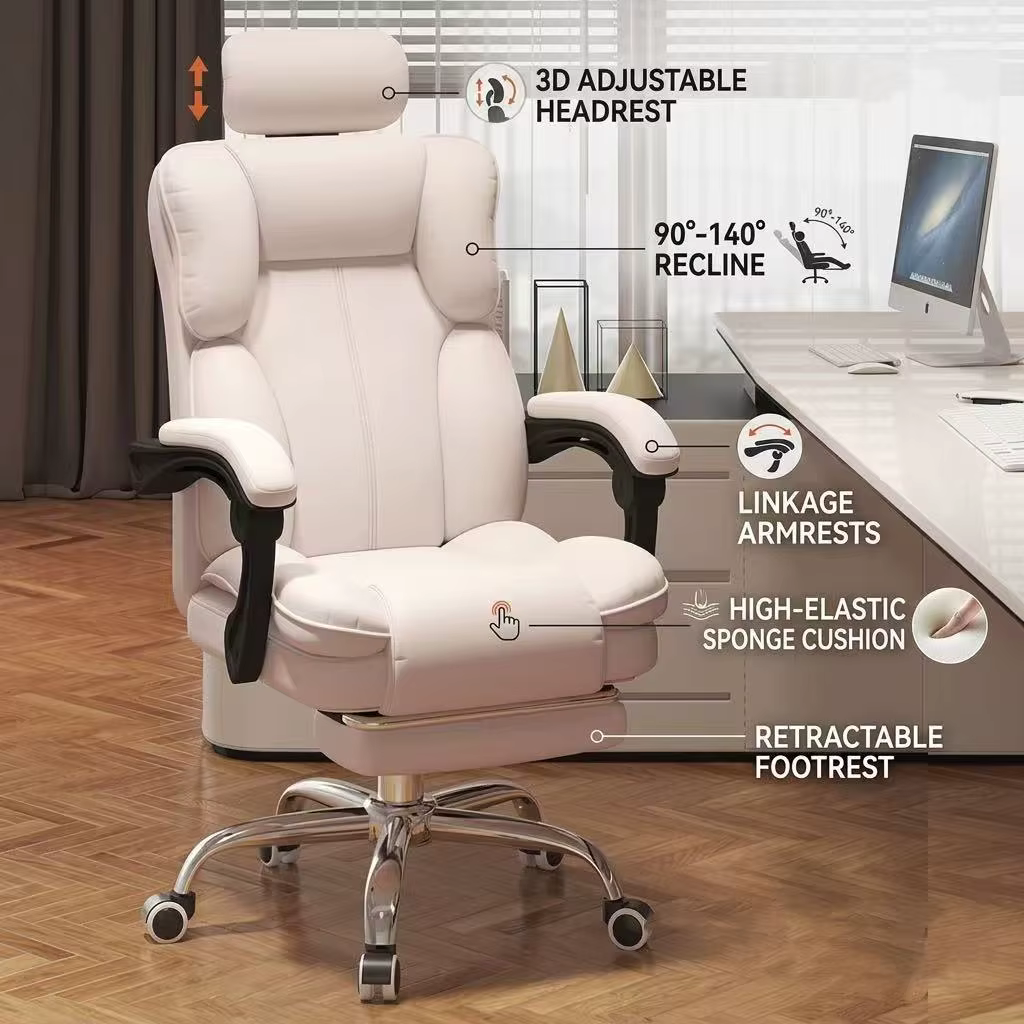 Chaise de bureau ergonomique de luxe à dossier haut en cuir PU avec appui-tête